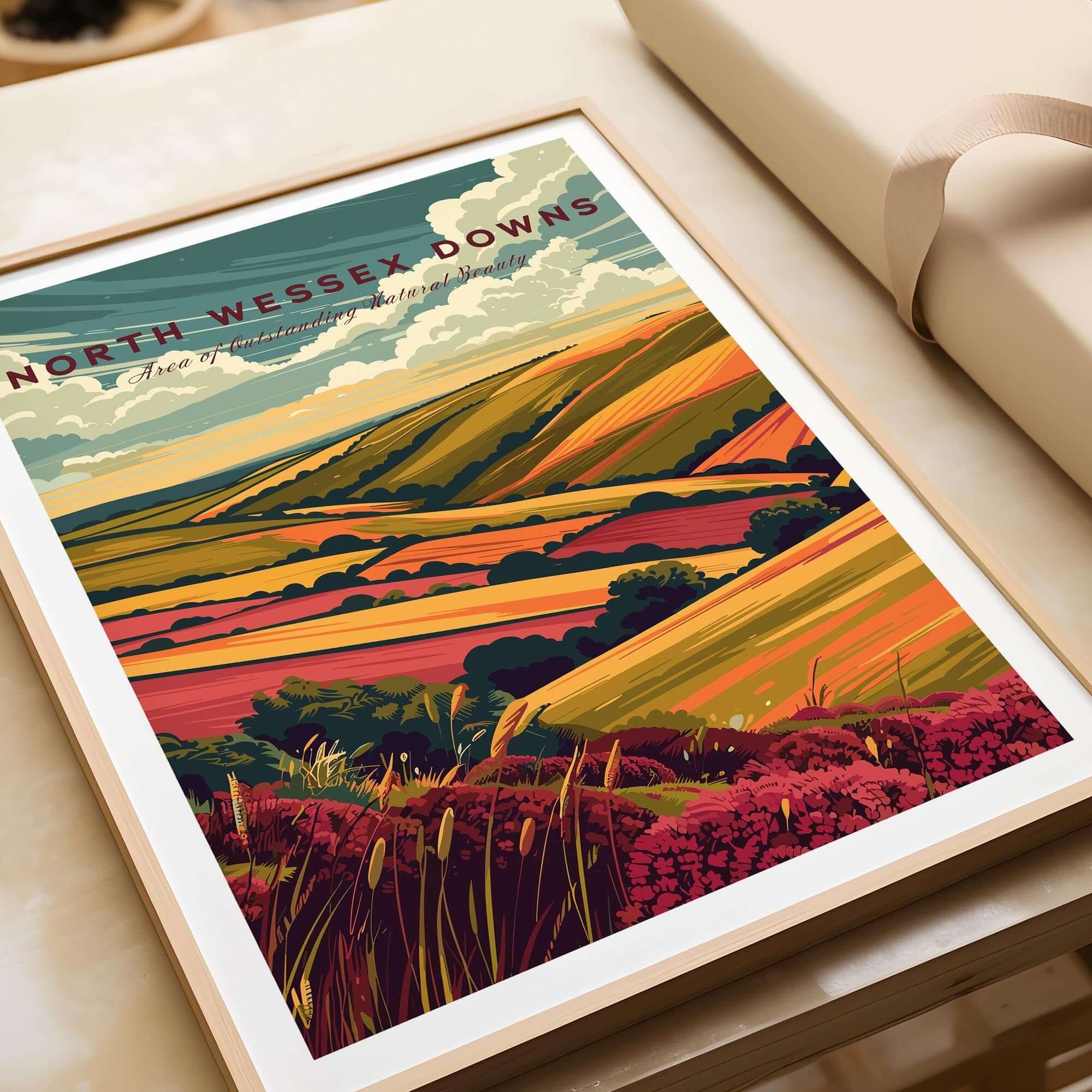 North Wessex Downs Wall Art Print featuring vibrant fields and rolling hills in a beautiful landscape design.