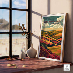 North Wessex Downs Wall Art Print displayed in a bright room, showcasing vibrant landscape colors and serene aesthetics.