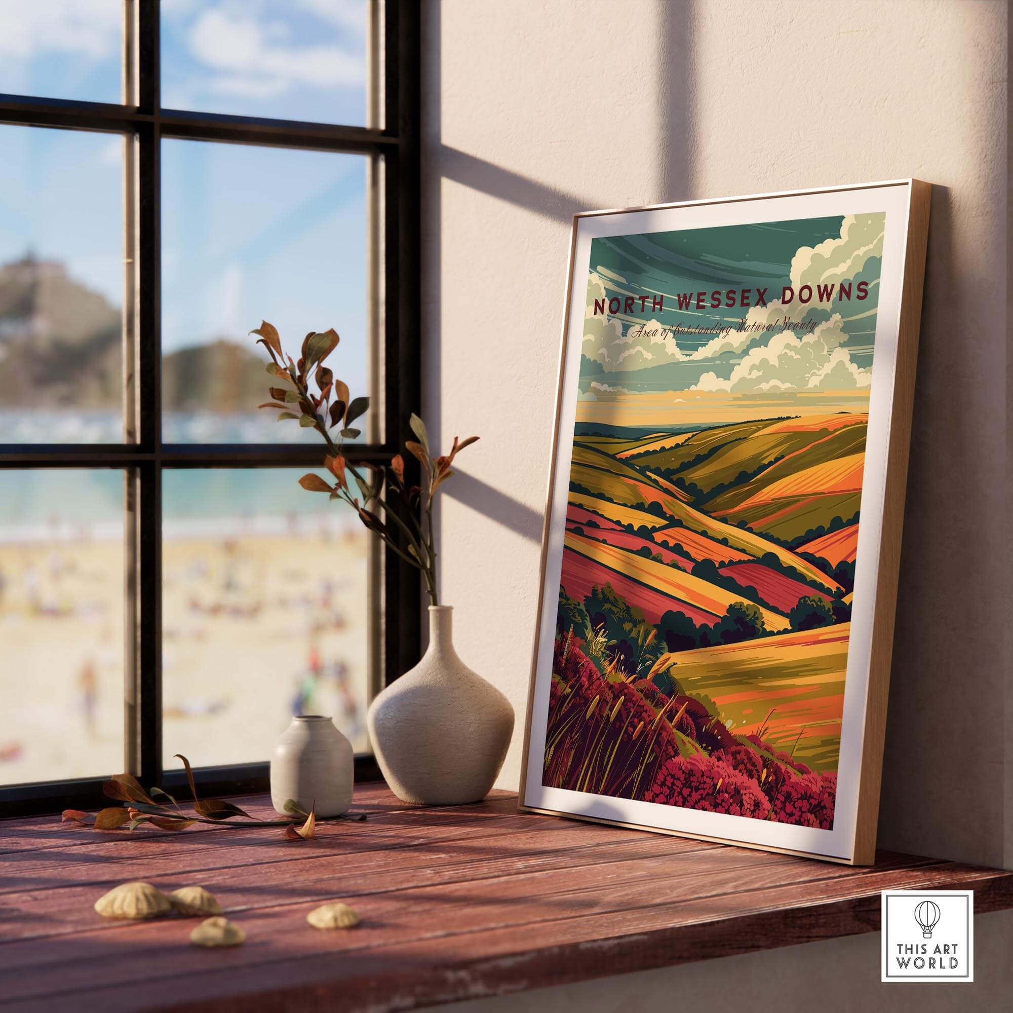 North Wessex Downs Wall Art Print displayed in a bright room, showcasing vibrant landscape colors and serene aesthetics.