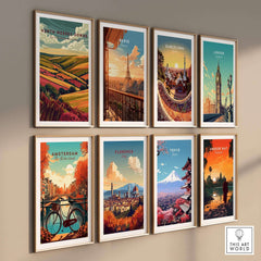North Wessex Downs Wall Art Print displayed among other city prints on a gallery wall, showcasing beautiful landscapes.
