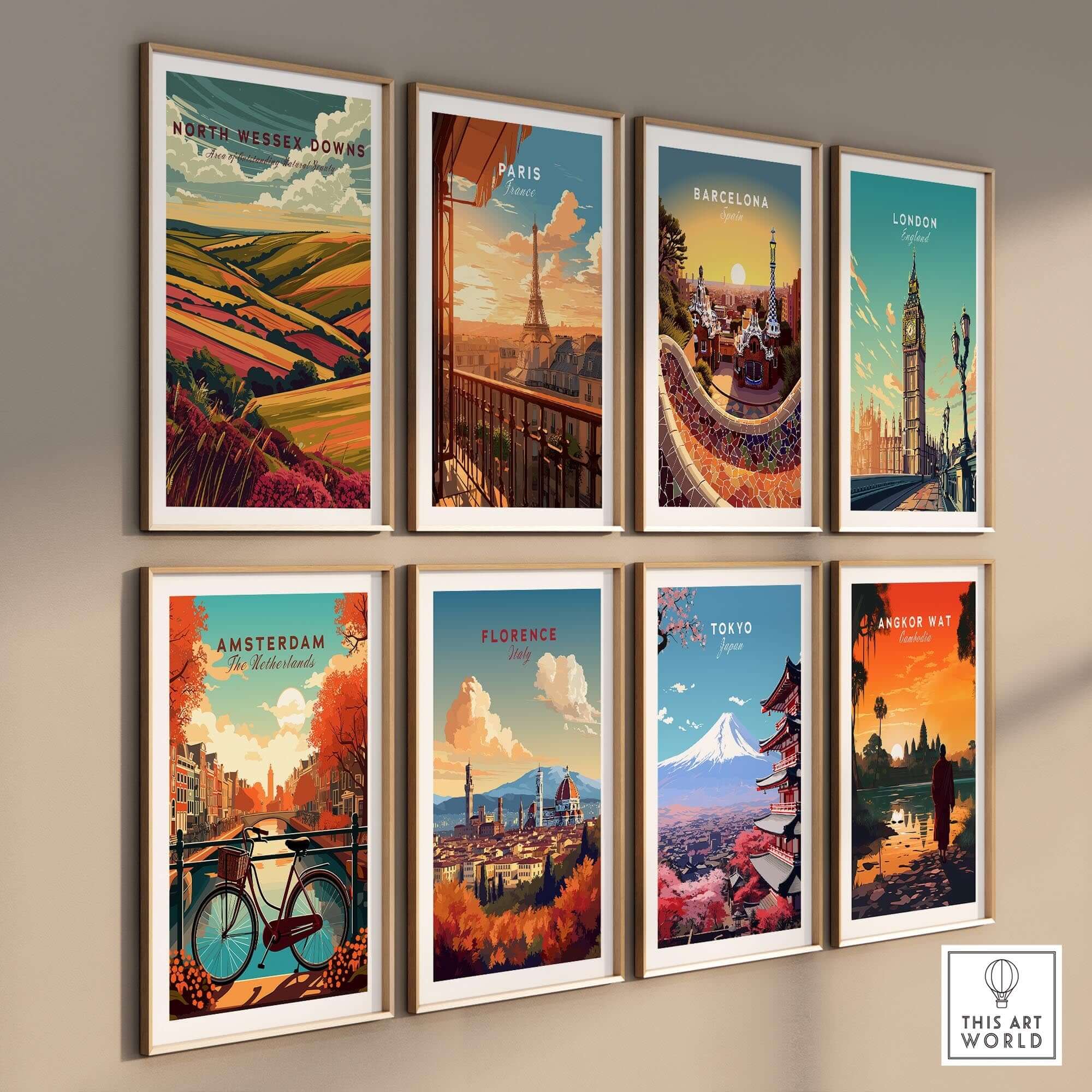 North Wessex Downs Wall Art Print displayed among other city prints on a gallery wall, showcasing beautiful landscapes.