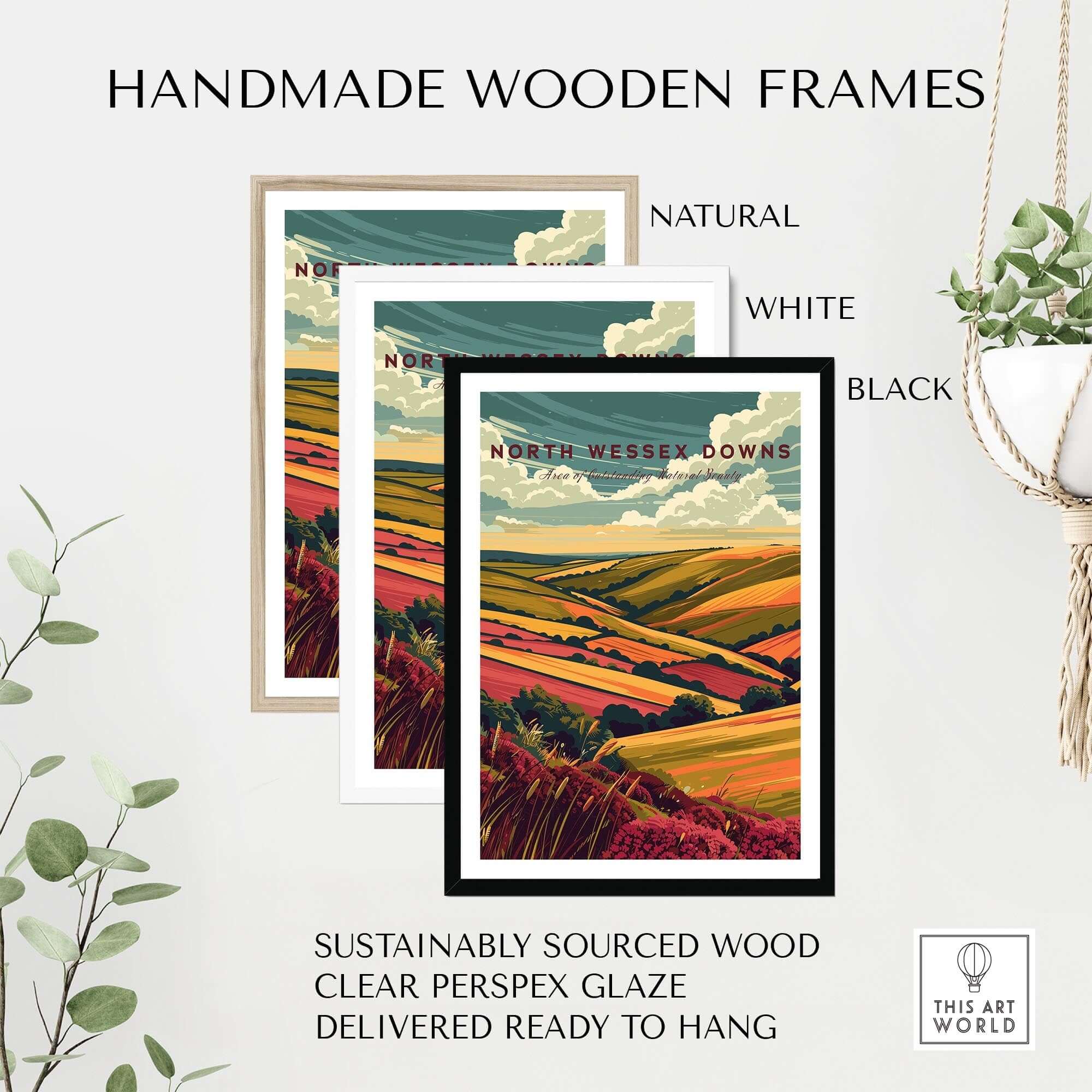 North Wessex Downs Wall Art Print displayed in handmade wooden frames: natural, white, and black.