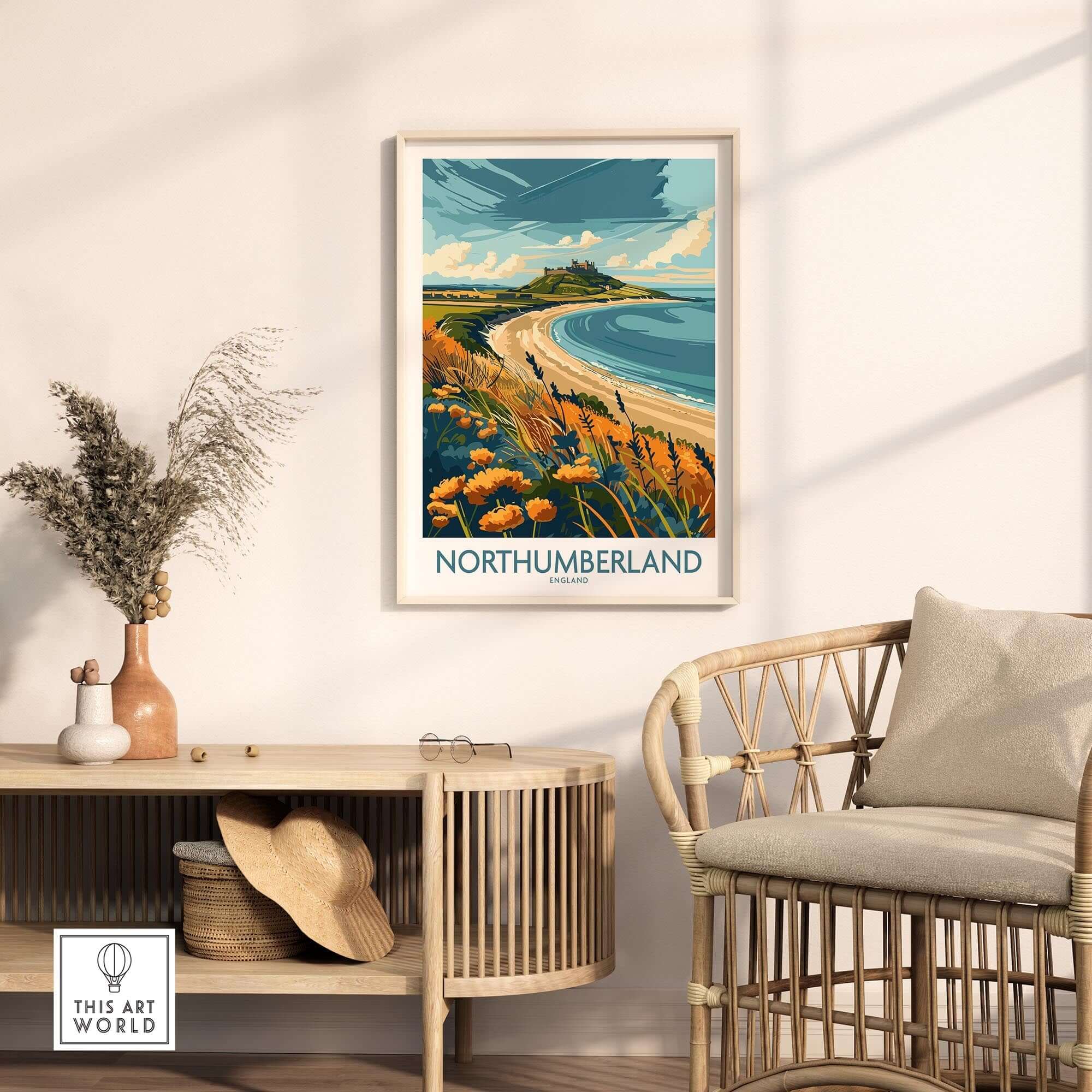 Northumberland Coast Poster displaying the rugged landscape and beauty of Northumberland in a stylish interior setting.
