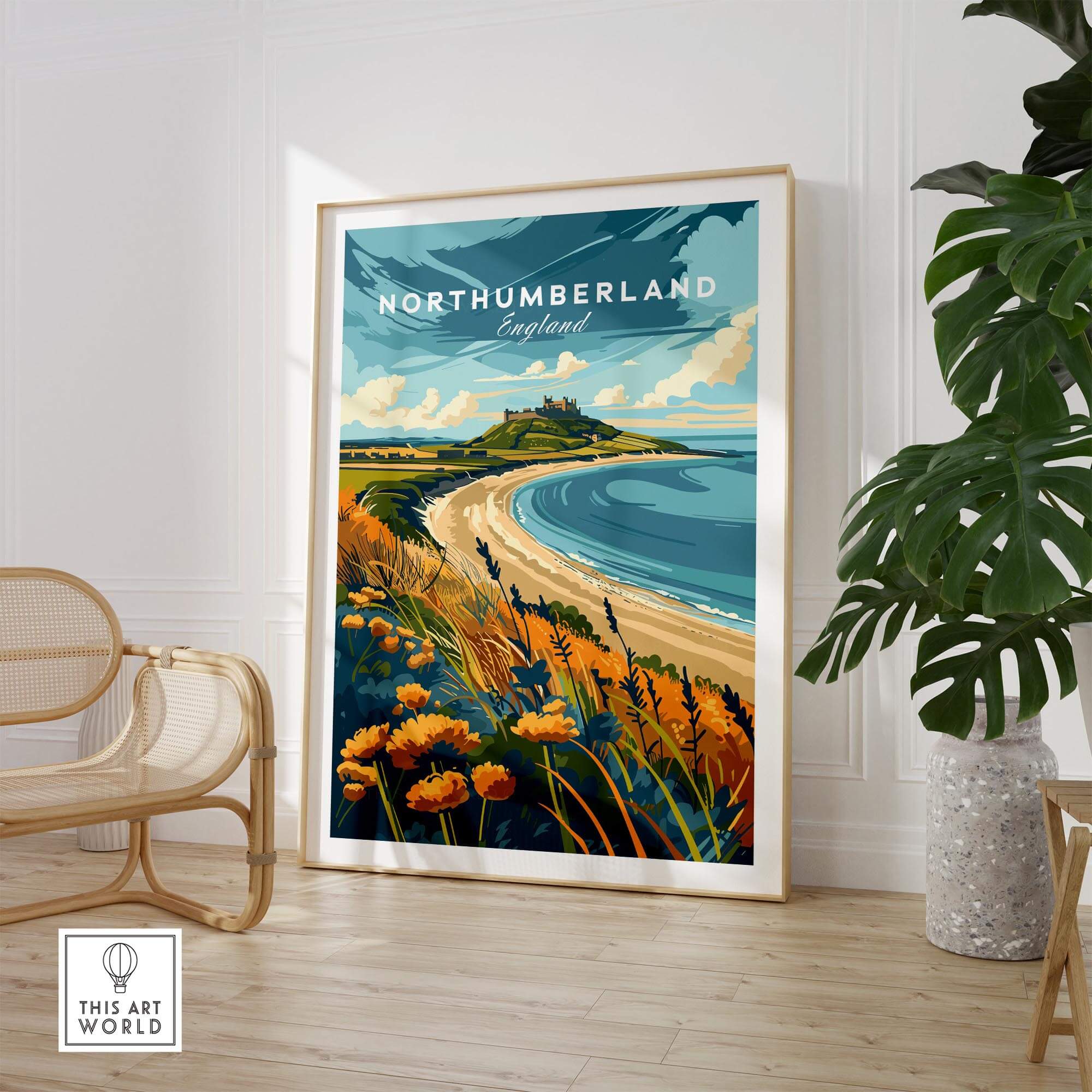 Northumberland Coast Print featuring a scenic coastal view of Northumberland, England in a stylish interior.