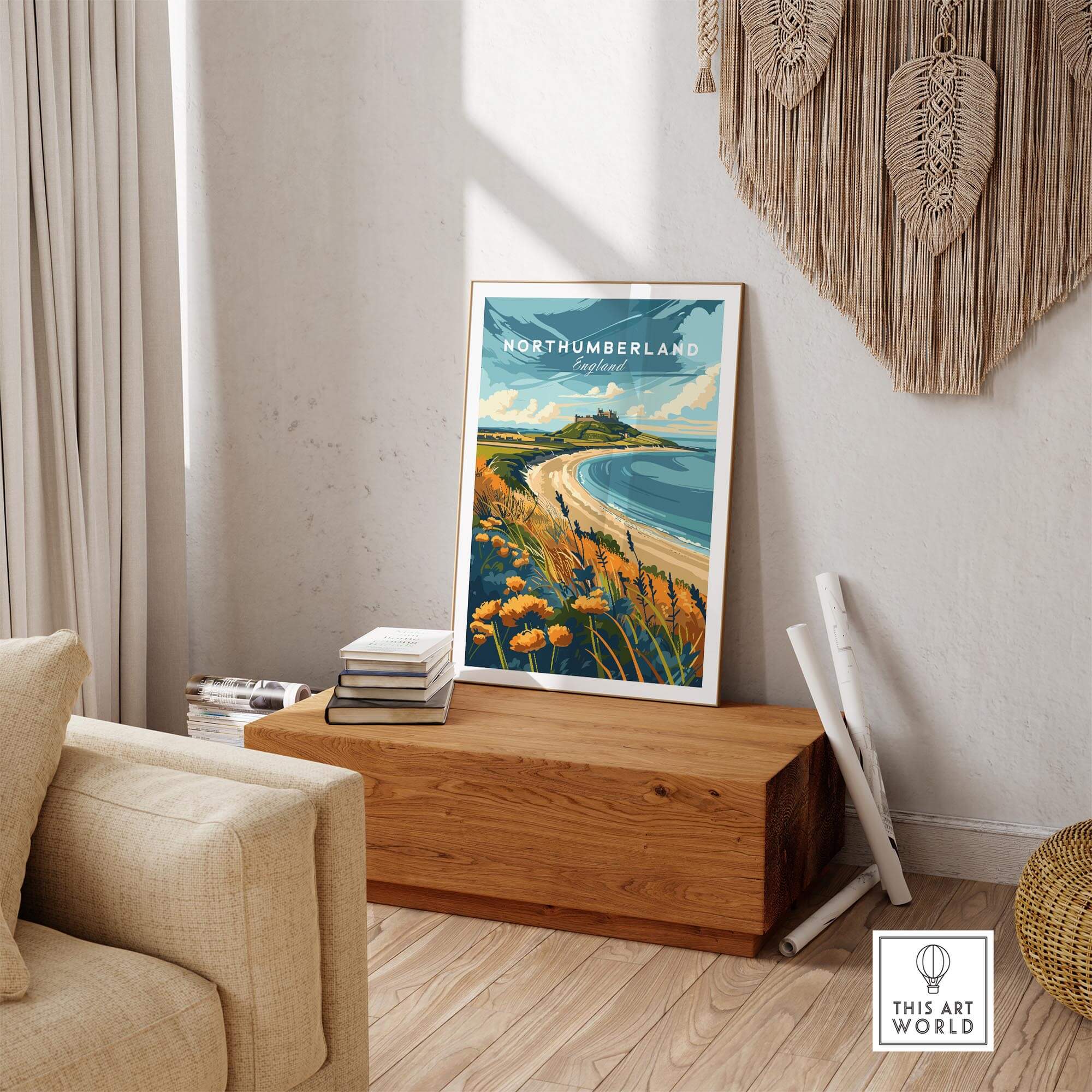 Northumberland Coast Print displayed in a stylish home interior, showcasing stunning coastal scenery.