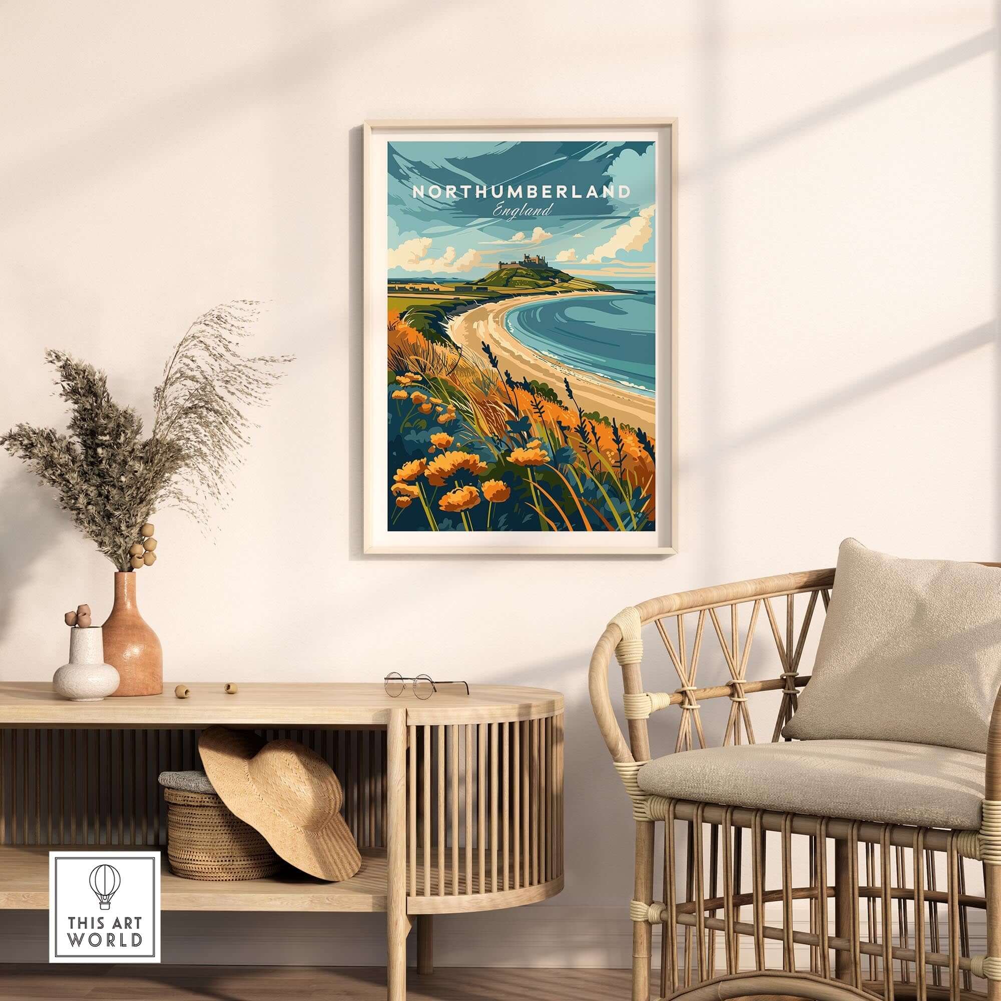 Northumberland Coast Print featuring a picturesque view of the Northumberland coastline in a stylish home setting.