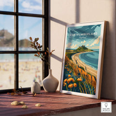 Northumberland Coast Print featuring stunning seascapes and coastal flowers in a bright room.