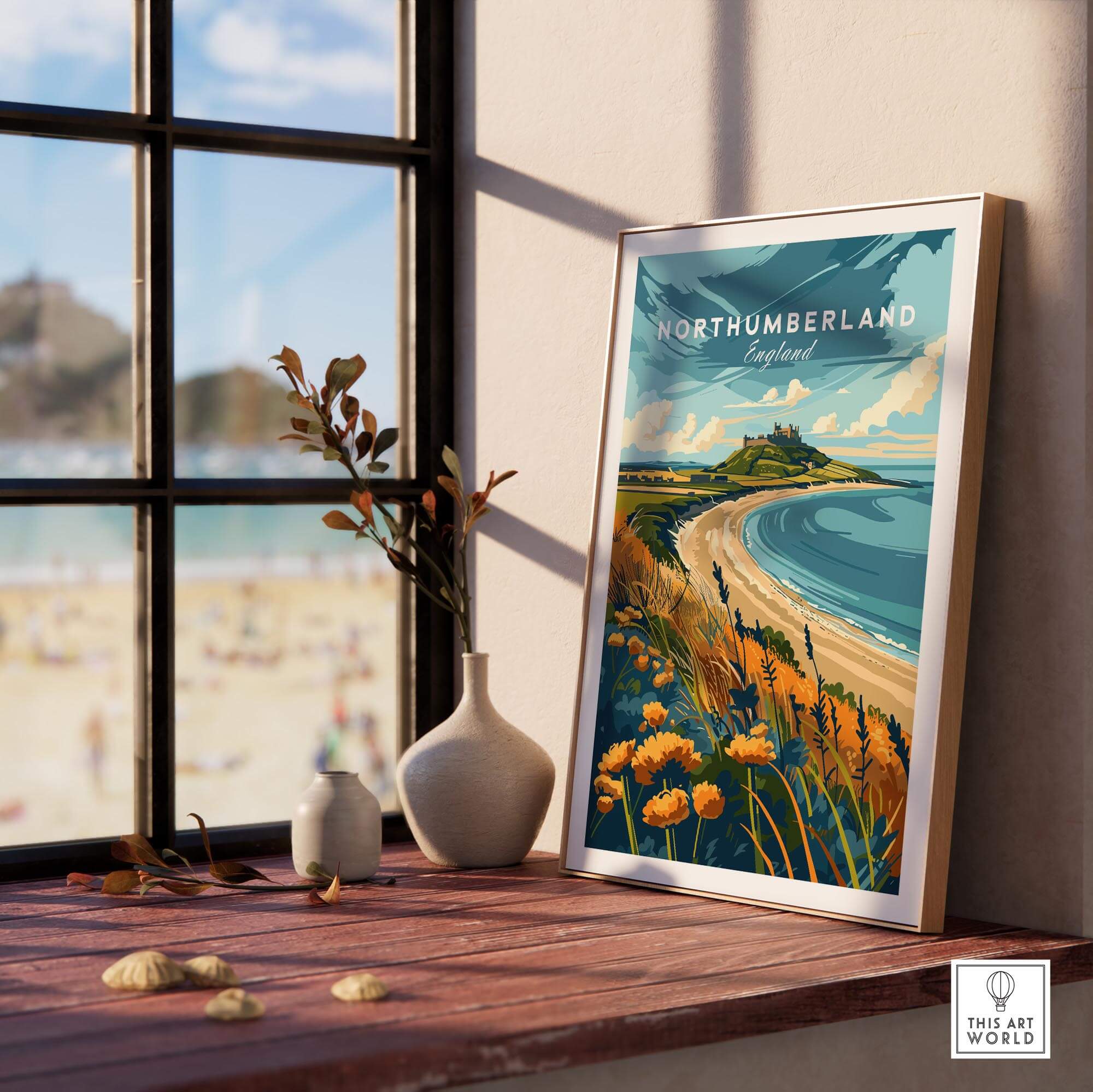 Northumberland Coast Print featuring stunning seascapes and coastal flowers in a bright room.
