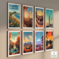 Northumberland Coast Print featuring vibrant wall art of various iconic cities including Paris and Tokyo.
