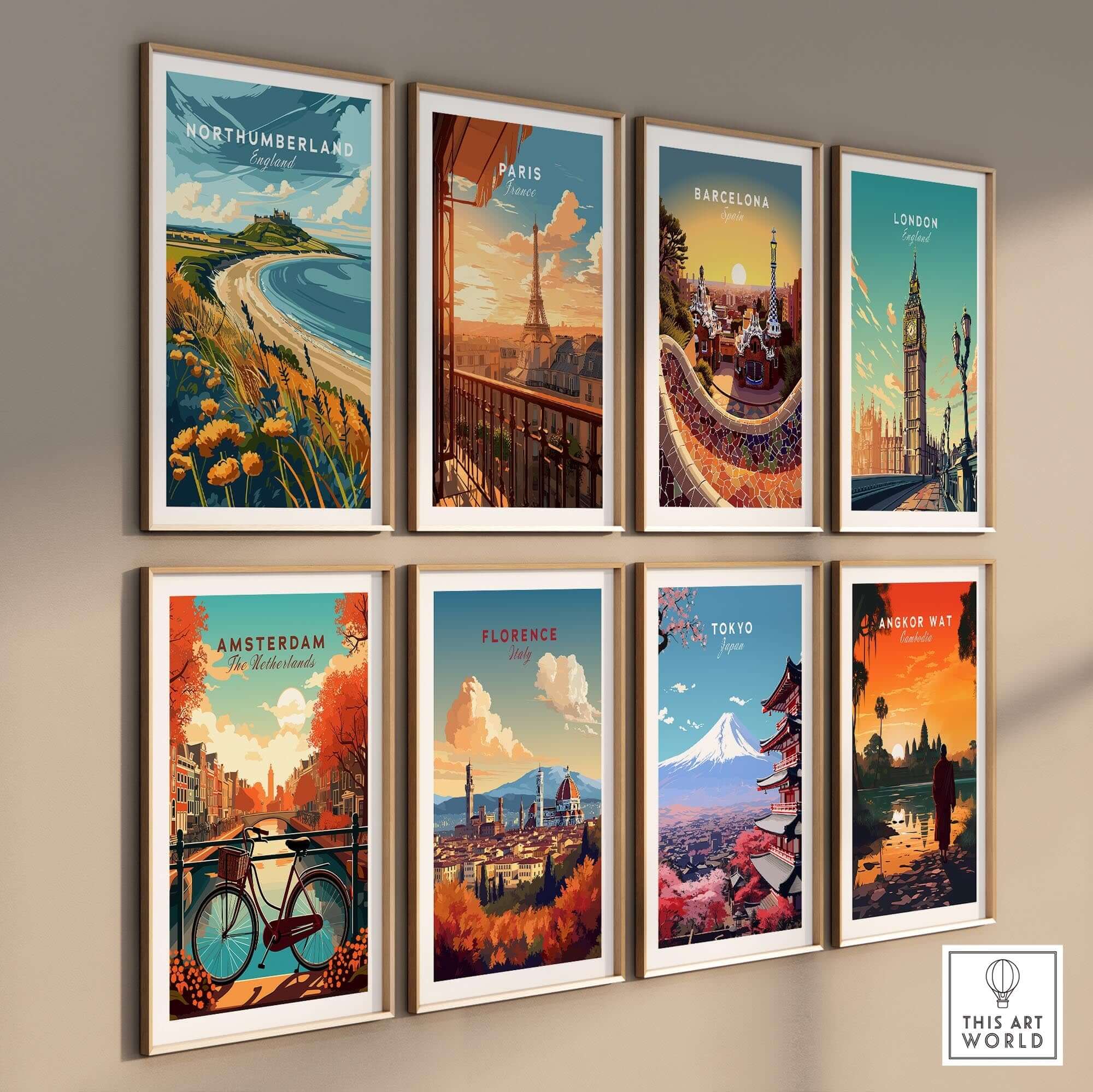 Northumberland Coast Print featuring vibrant wall art of various iconic cities including Paris and Tokyo.