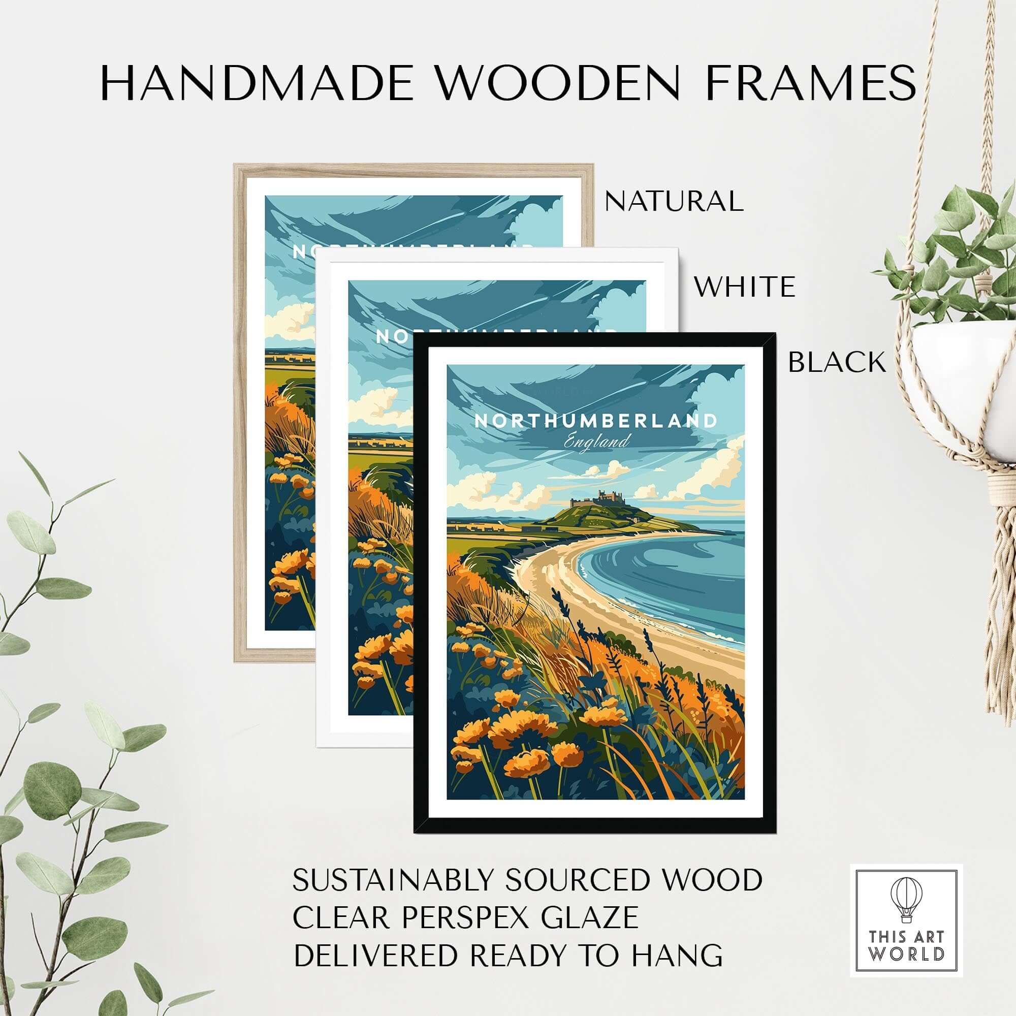 Northumberland Coast Print displayed in handmade wooden frames in natural, white, and black finishes.