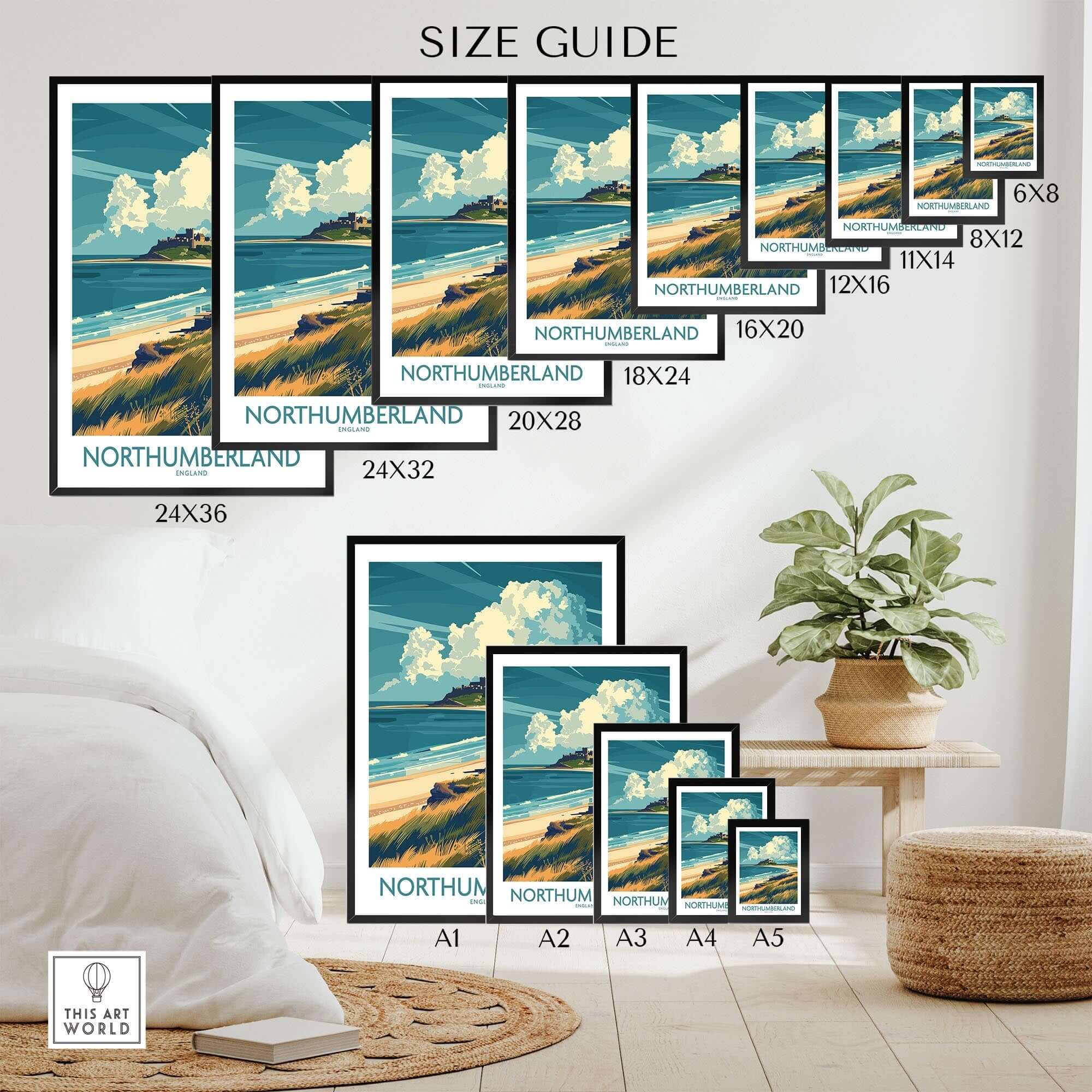 Northumberland Coast Travel Poster size guide showcasing various dimensions ideal for home decor.