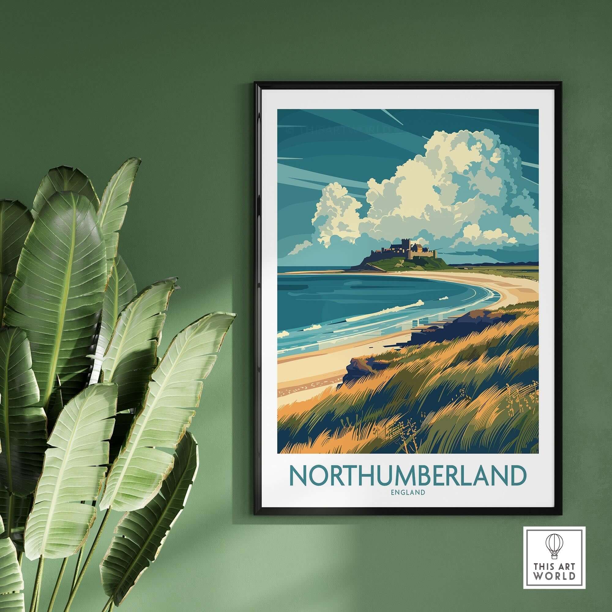 Northumberland Coast Travel Poster showcasing scenic coastline and historic architecture.