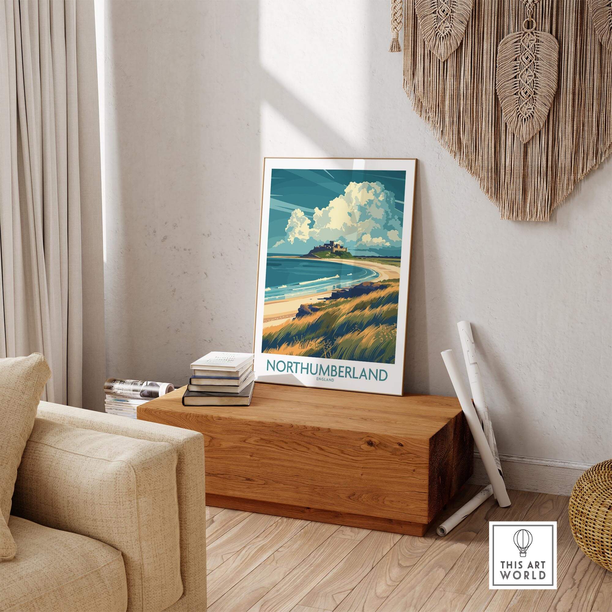 Northumberland Coast Travel Poster featuring scenic beach and clouds in a cozy room setting.