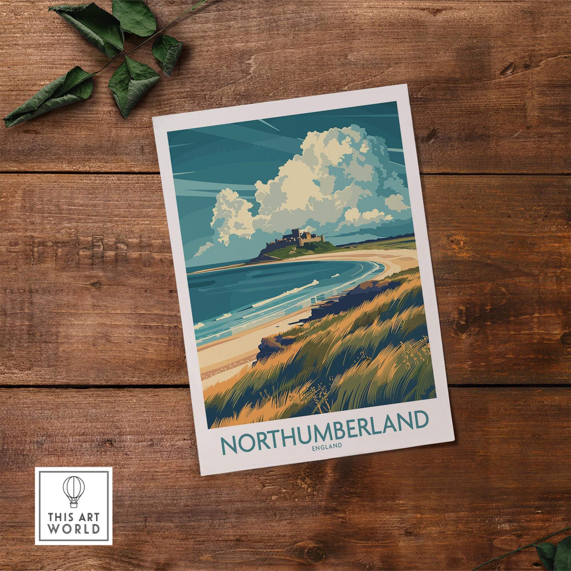 Northumberland Coast Travel Poster showcasing scenic views of beaches and landscapes in Northumberland, England.