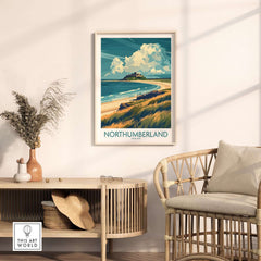 Northumberland Coast Travel Poster featuring a picturesque beach and clouds, highlighting Northumberland's stunning scenery.