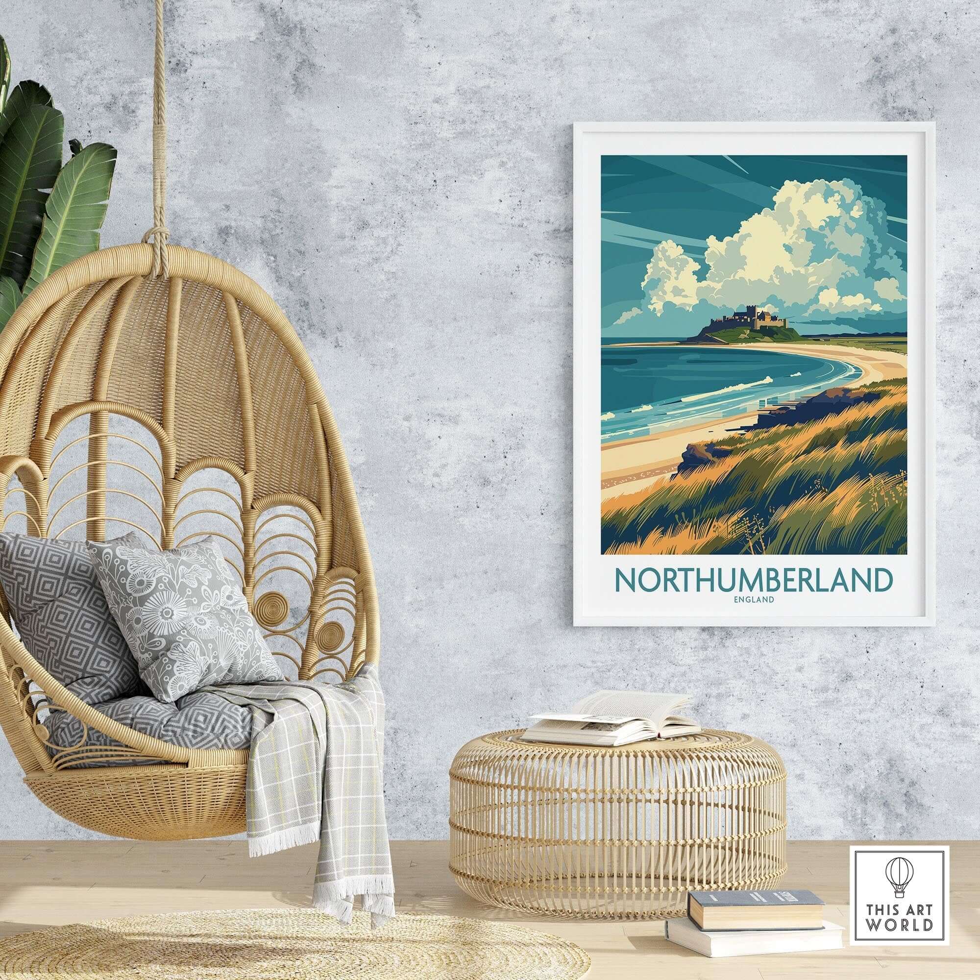 Northumberland Coast Travel Poster featuring iconic landscapes in a stylish home setting.