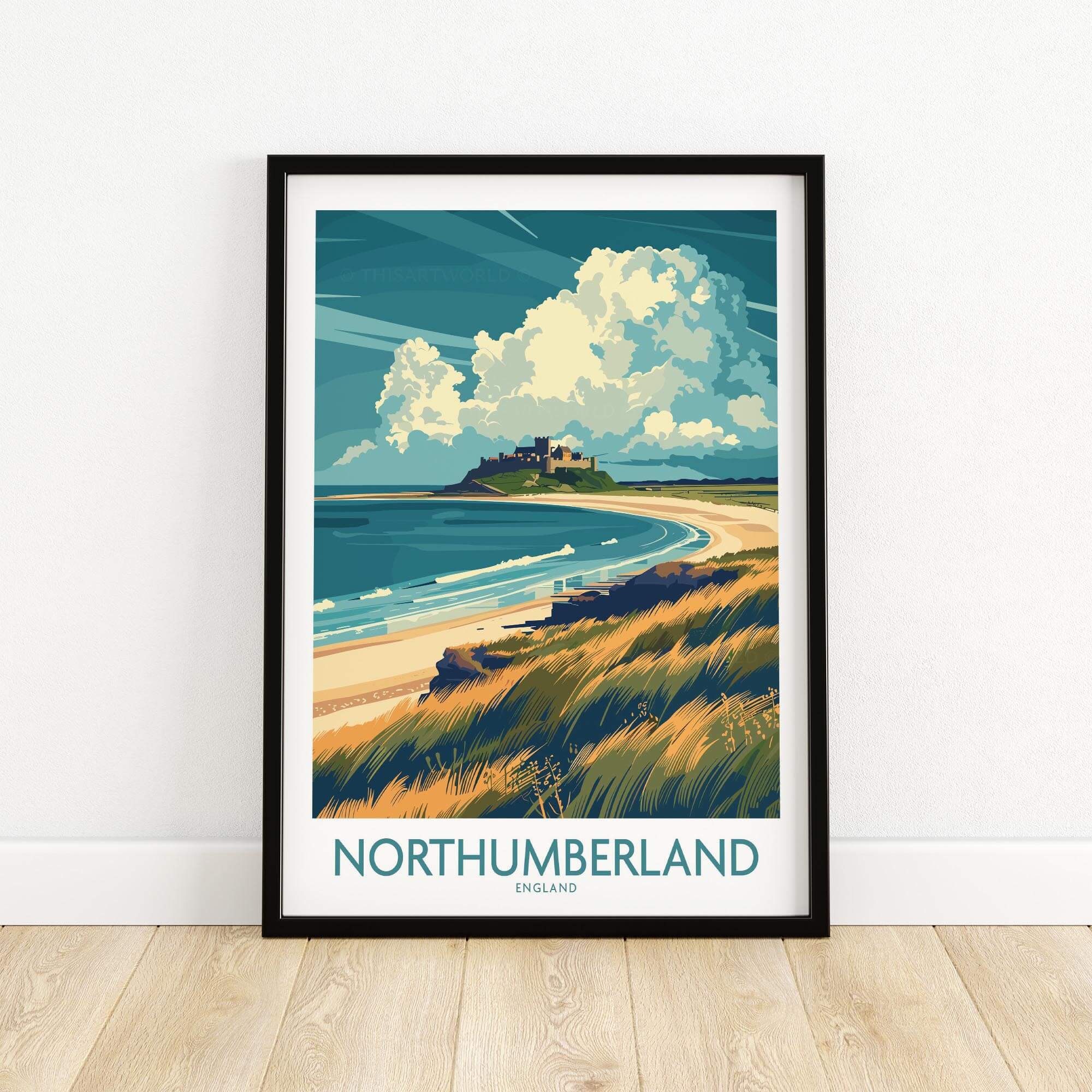 Northumberland Coast Travel Poster showcasing a vibrant coastal scene of rugged shoreline and dramatic clouds.