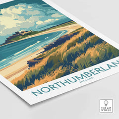 Northumberland Coast Travel Poster featuring scenic beaches and lush grasslands in England.