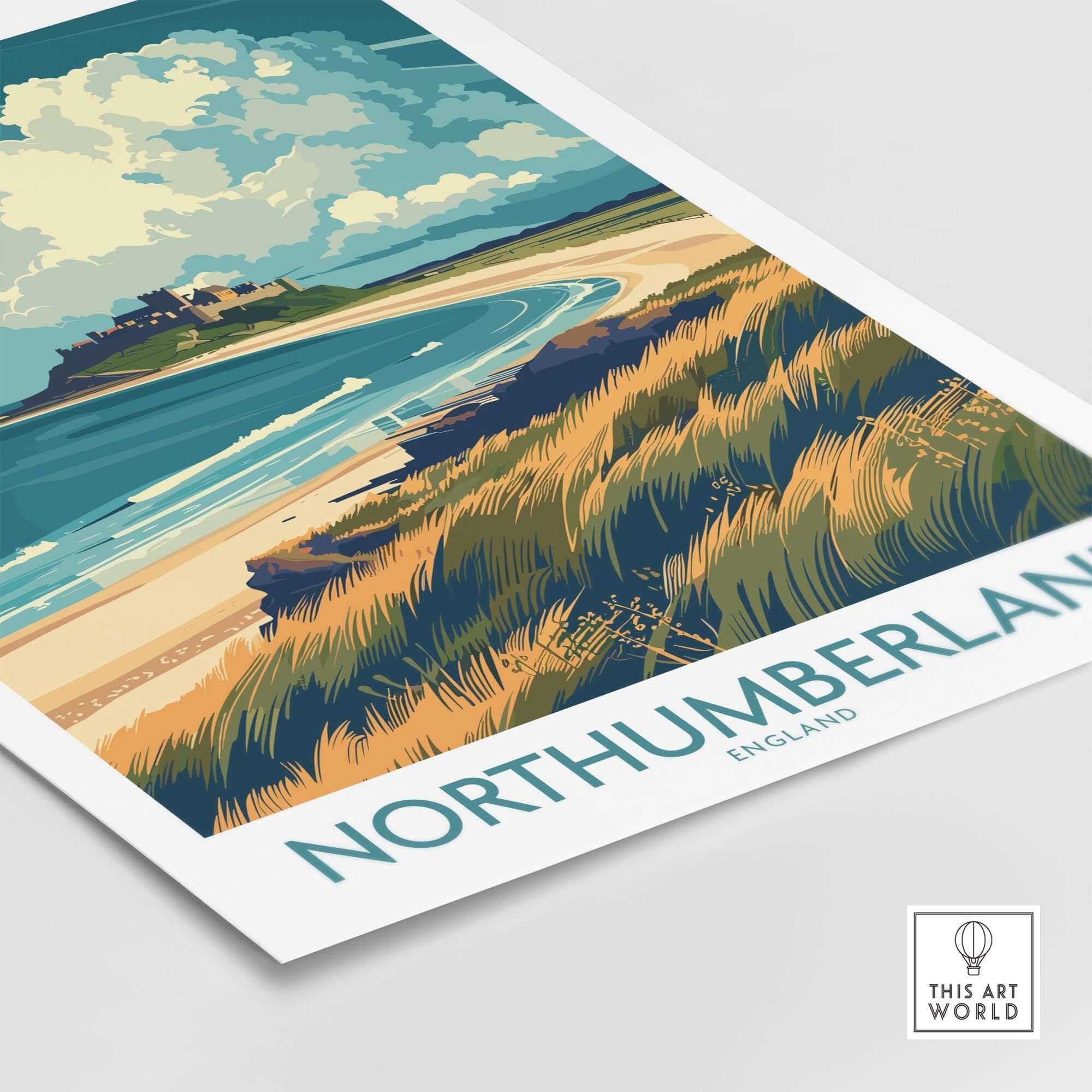 Northumberland Coast Travel Poster featuring scenic beaches and lush grasslands in England.