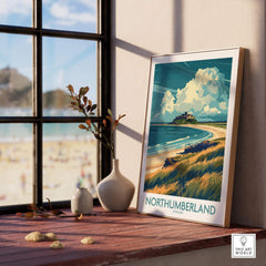 Northumberland Coast Travel Poster featuring scenic beach view and beautiful clouds.