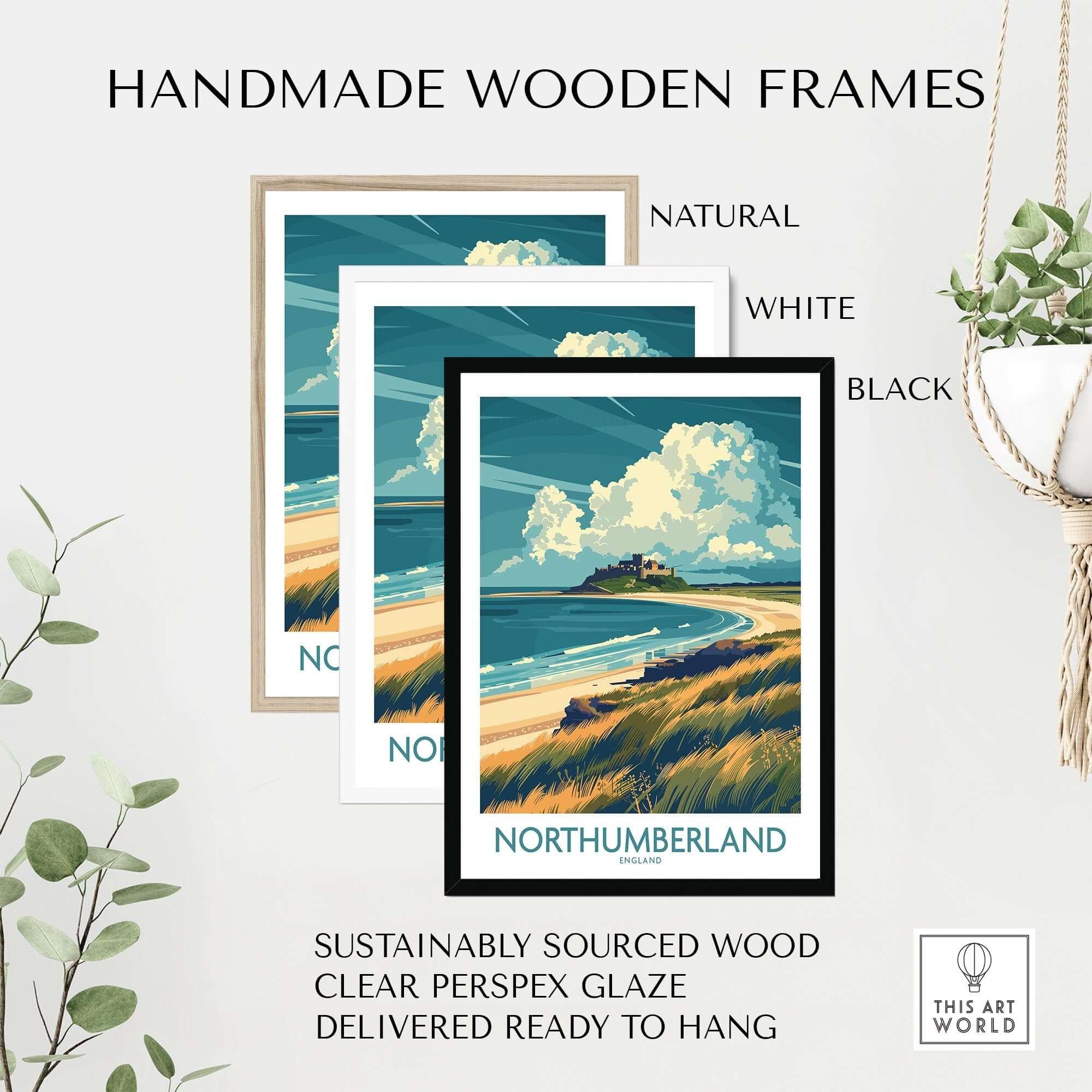 Handmade wood frames for Northumberland Coast Travel Poster, available in natural, white, and black finishes.
