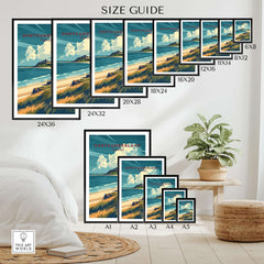 Northumberland Coast Travel Print size guide showing various print sizes and a coastal artwork display.