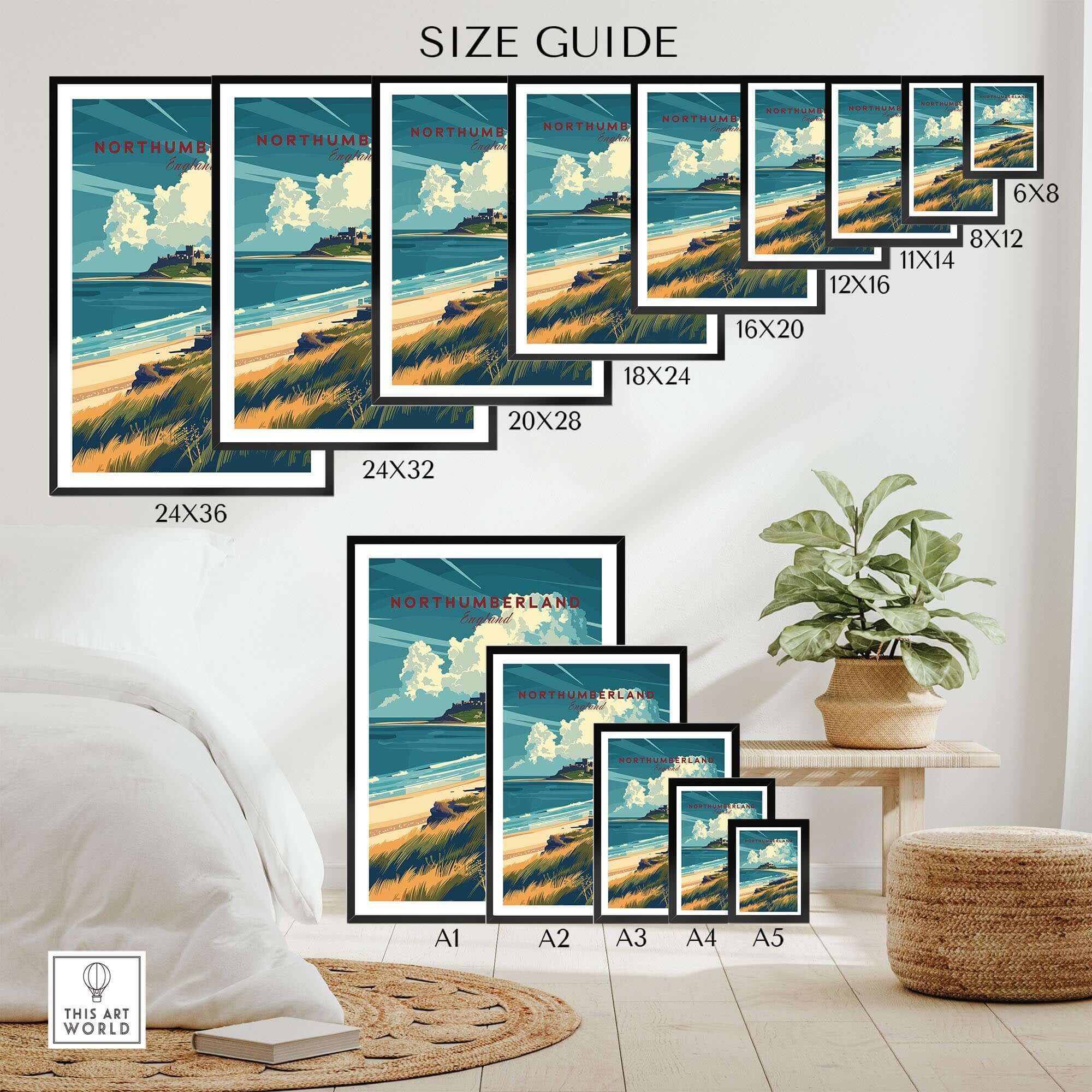 Northumberland Coast Travel Print size guide showing various print sizes and a coastal artwork display.