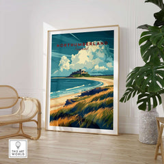 Northumberland Coast Travel Print showcasing scenic views of the coastline and Bamburgh Castle in a stylish interior setting.