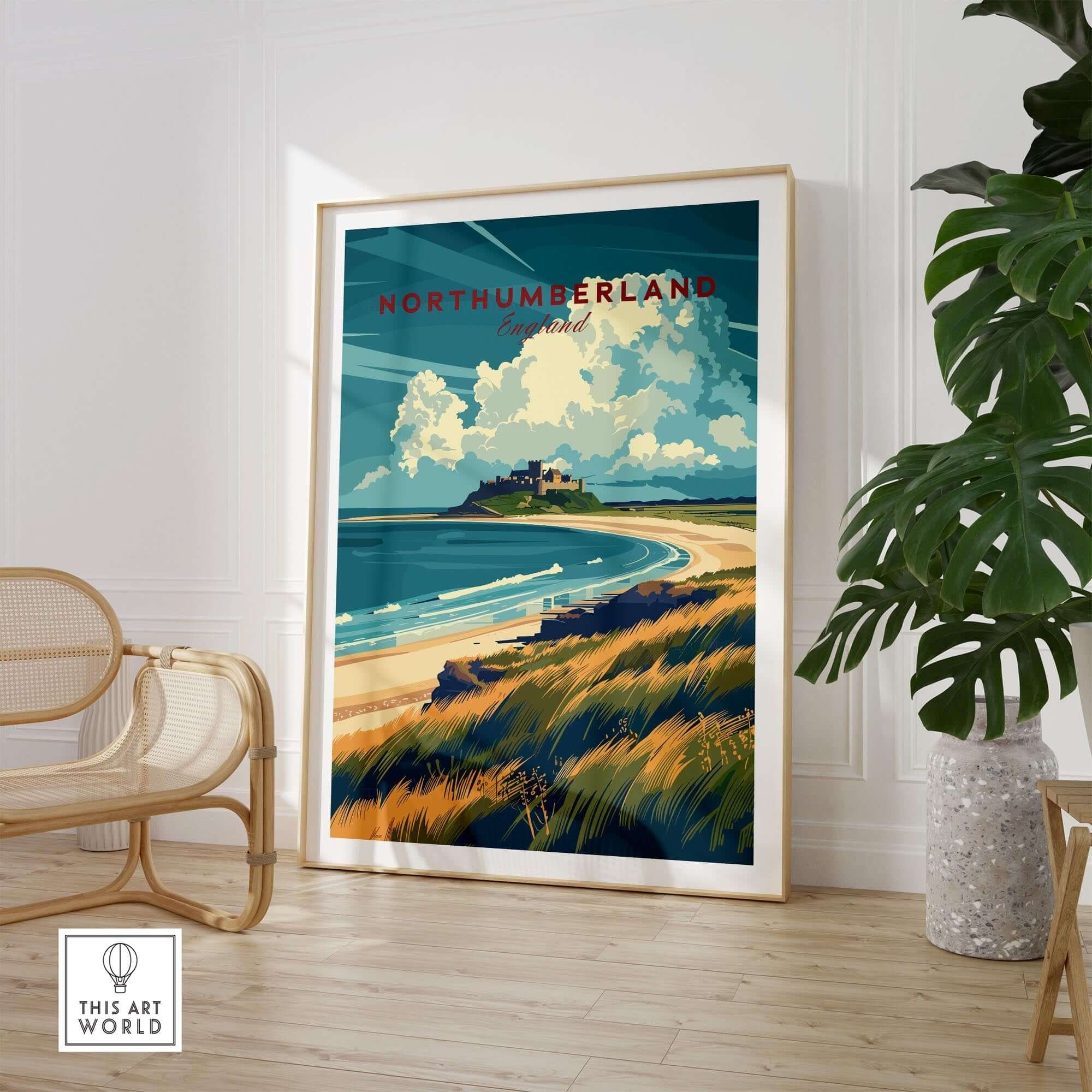 Northumberland Coast Travel Print showcasing scenic views of the coastline and Bamburgh Castle in a stylish interior setting.