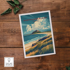 Northumberland Coast Travel Print showcasing Bamburgh Castle and stunning natural scenery.