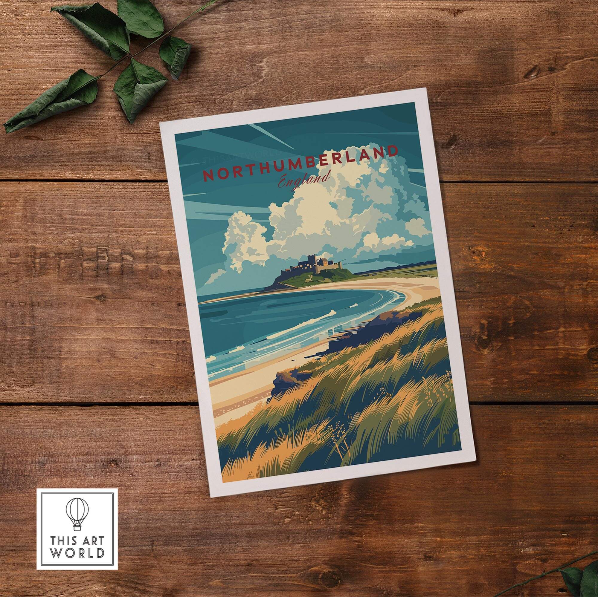 Northumberland Coast Travel Print showcasing Bamburgh Castle and stunning natural scenery.