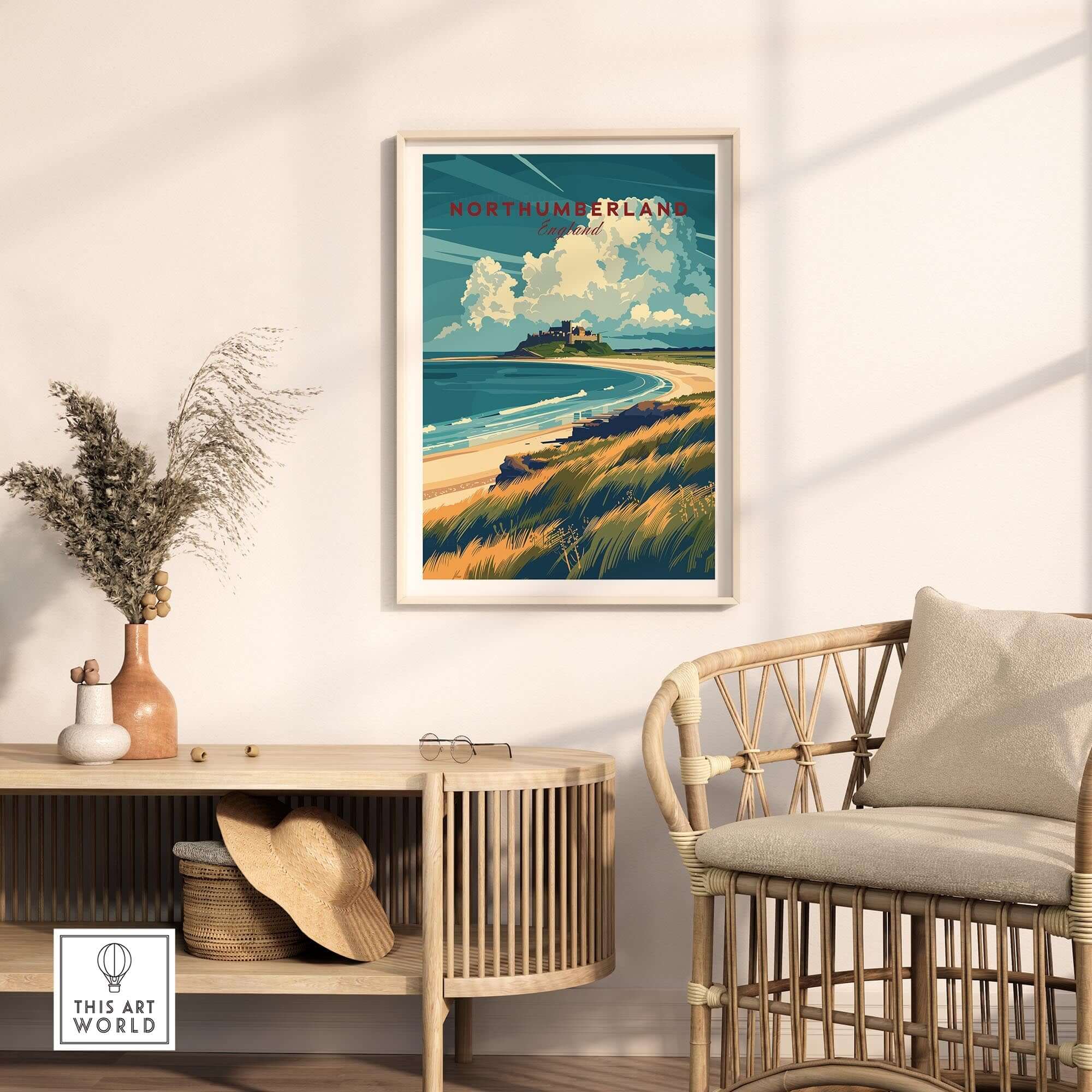 Northumberland Coast Travel Print showcasing scenic beach and landscape with a calming atmosphere and vibrant colors.