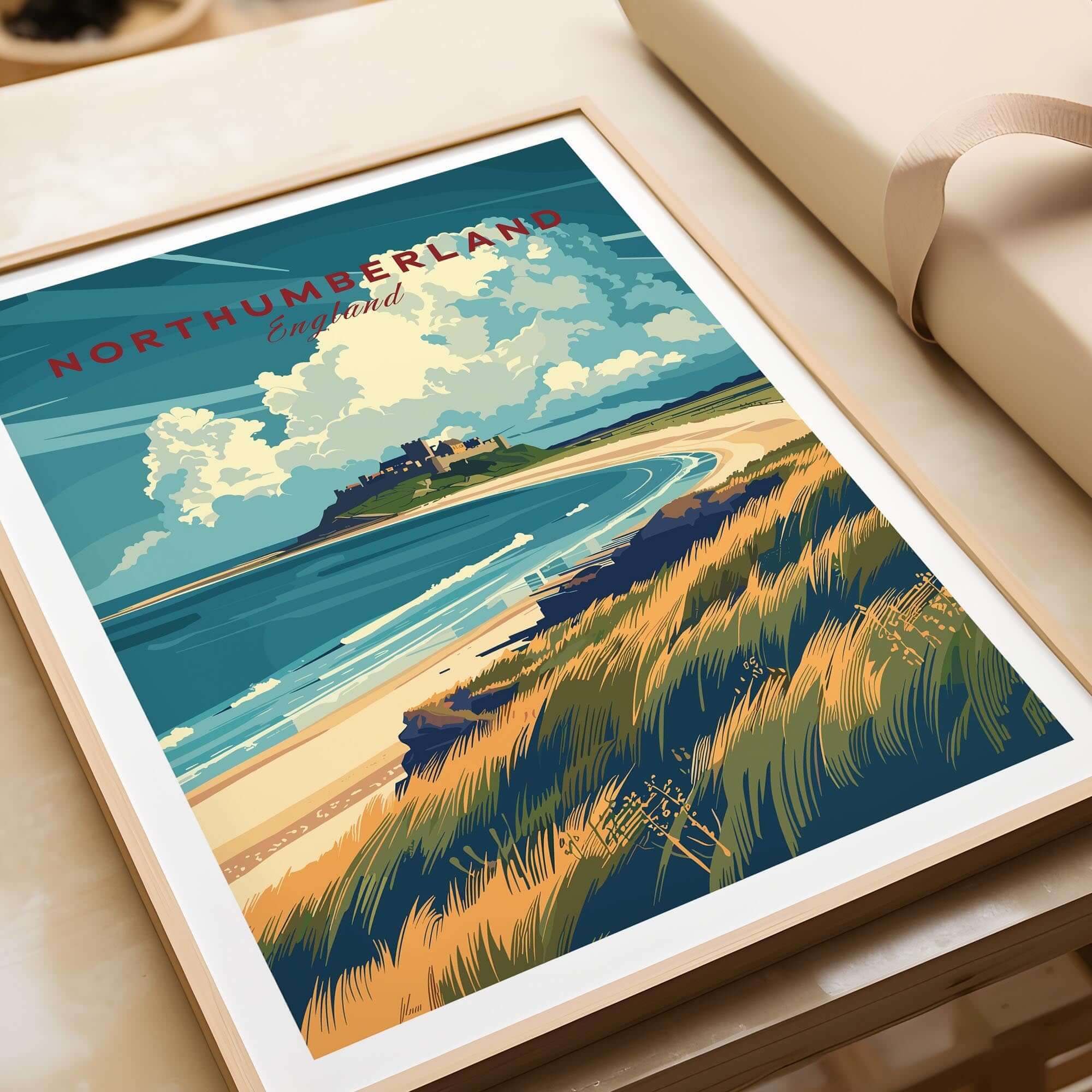 Northumberland Coast Travel Print featuring Bamburgh Castle and coastal scenery in vibrant colors.