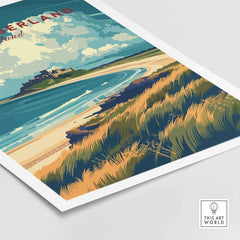 Northumberland Coast Travel Print featuring Bamburgh Castle and coastal scenery.