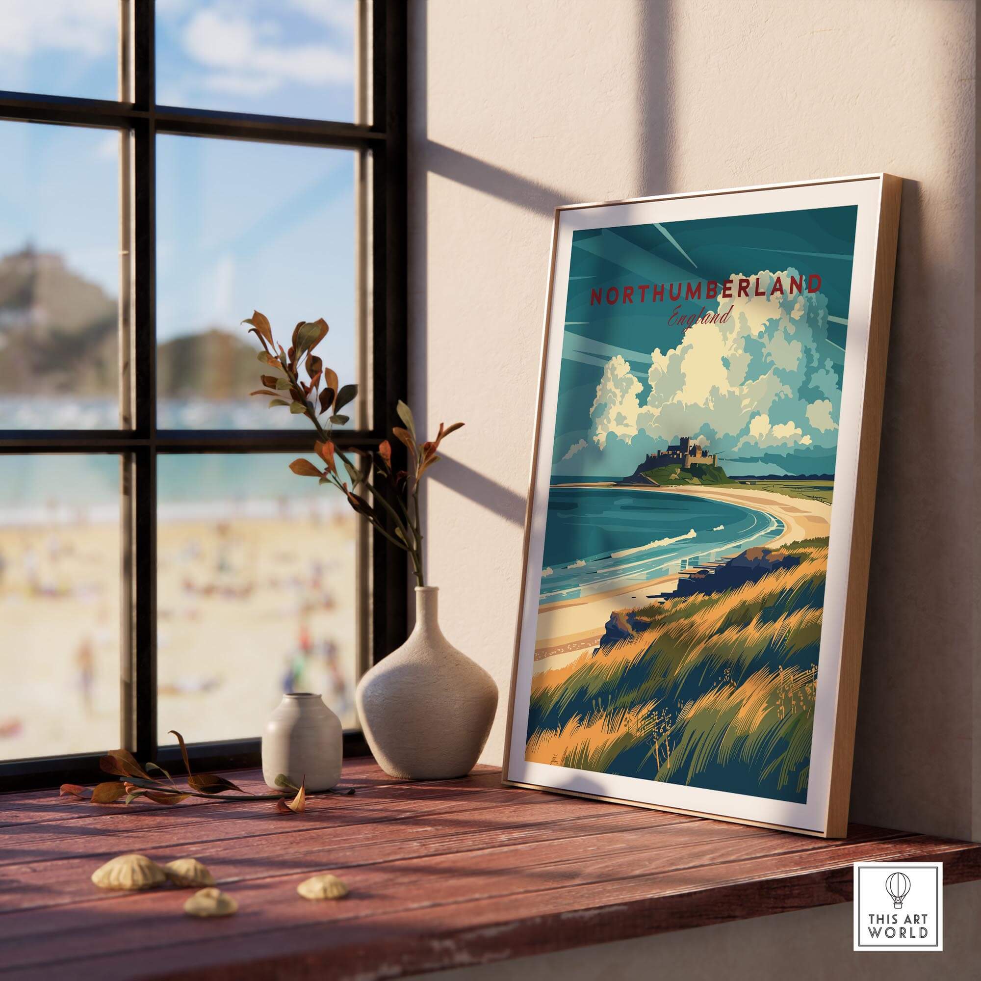 Northumberland Coast Travel Print showcasing Bamburgh Castle with tranquil coastal views in a stylish interior setting.
