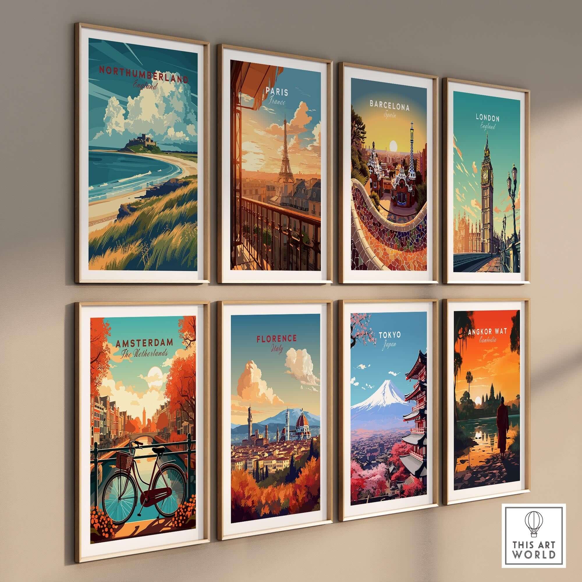 Northumberland Coast Travel Print showcasing scenic landscapes and iconic landmarks in a gallery arrangement.