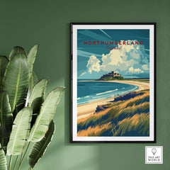 Northumberland Coast Travel Print featuring Bamburgh Castle and coastal scenery, perfect for home decor.