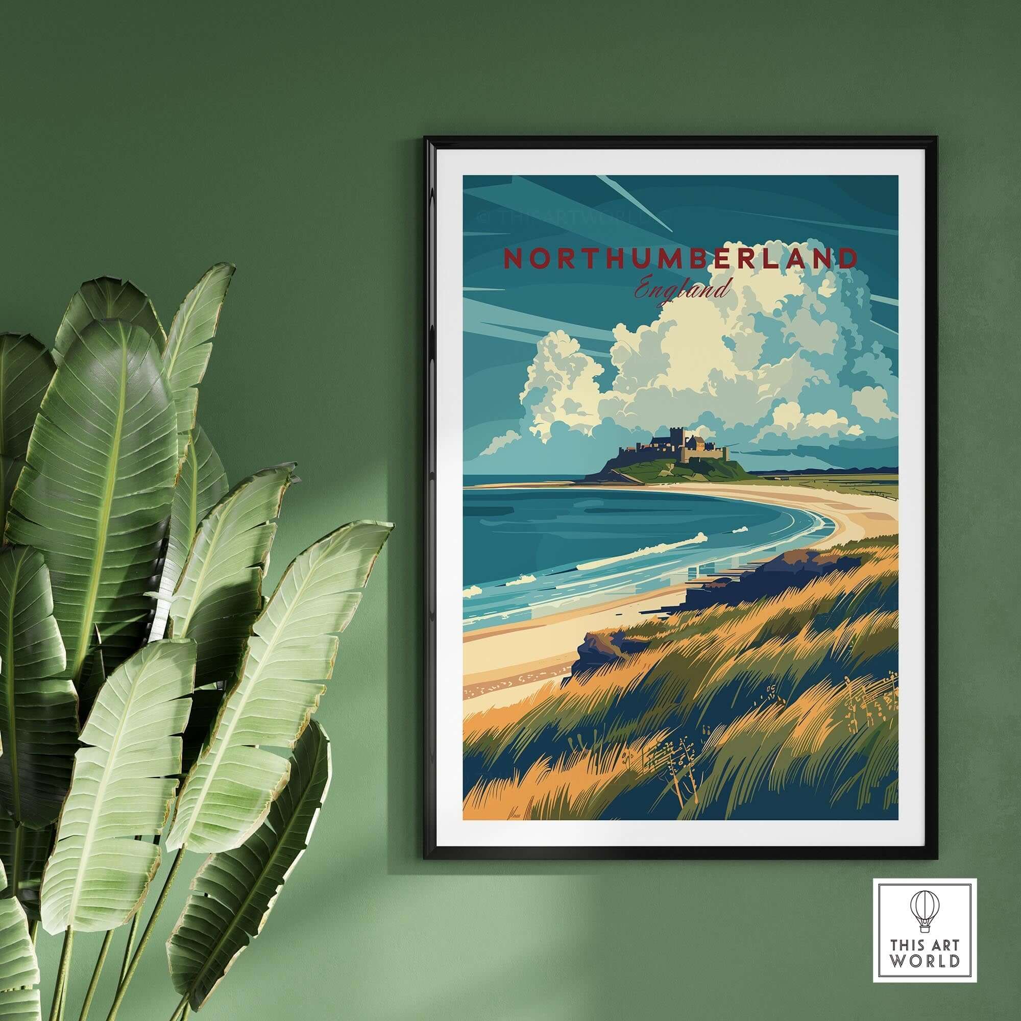 Northumberland Coast Travel Print featuring Bamburgh Castle and coastal scenery, perfect for home decor.