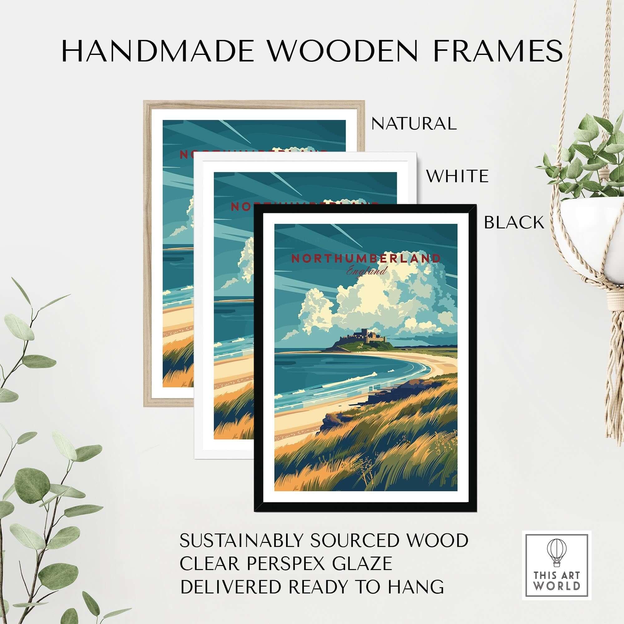 Northumberland Coast Travel Print displayed in handmade wooden frames in natural, white, and black finishes.