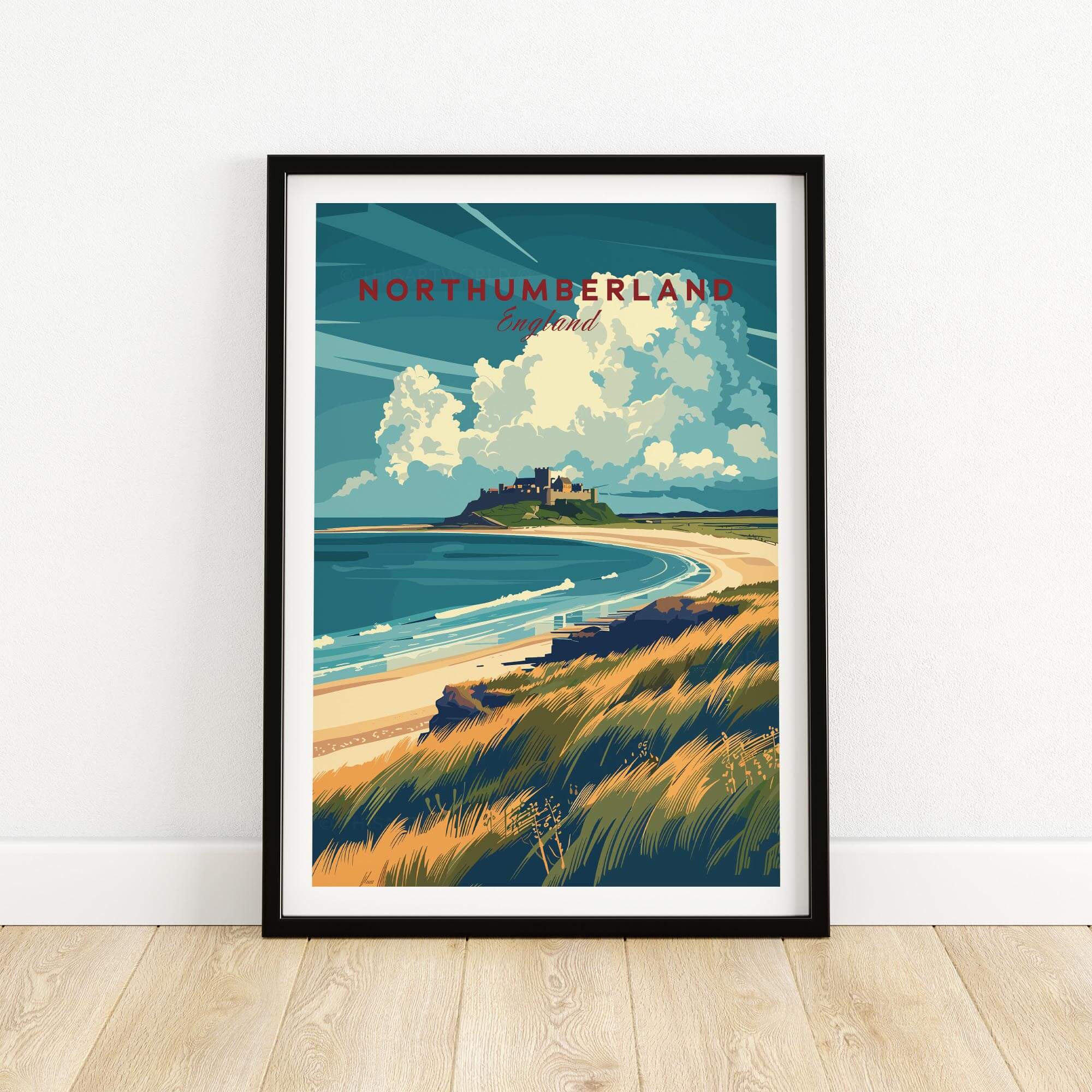 Northumberland Coast Travel Print featuring iconic Bamburgh Castle and scenic coastal views.