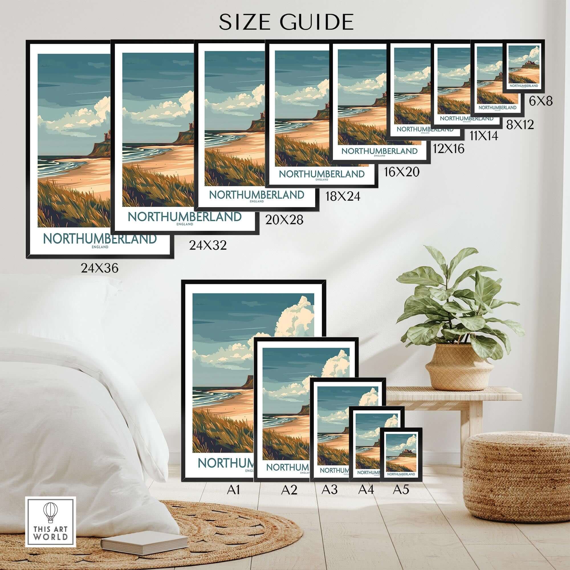 Northumberland Wall Art Poster -  Bamburgh Castle size guide featuring various dimensions and styles.