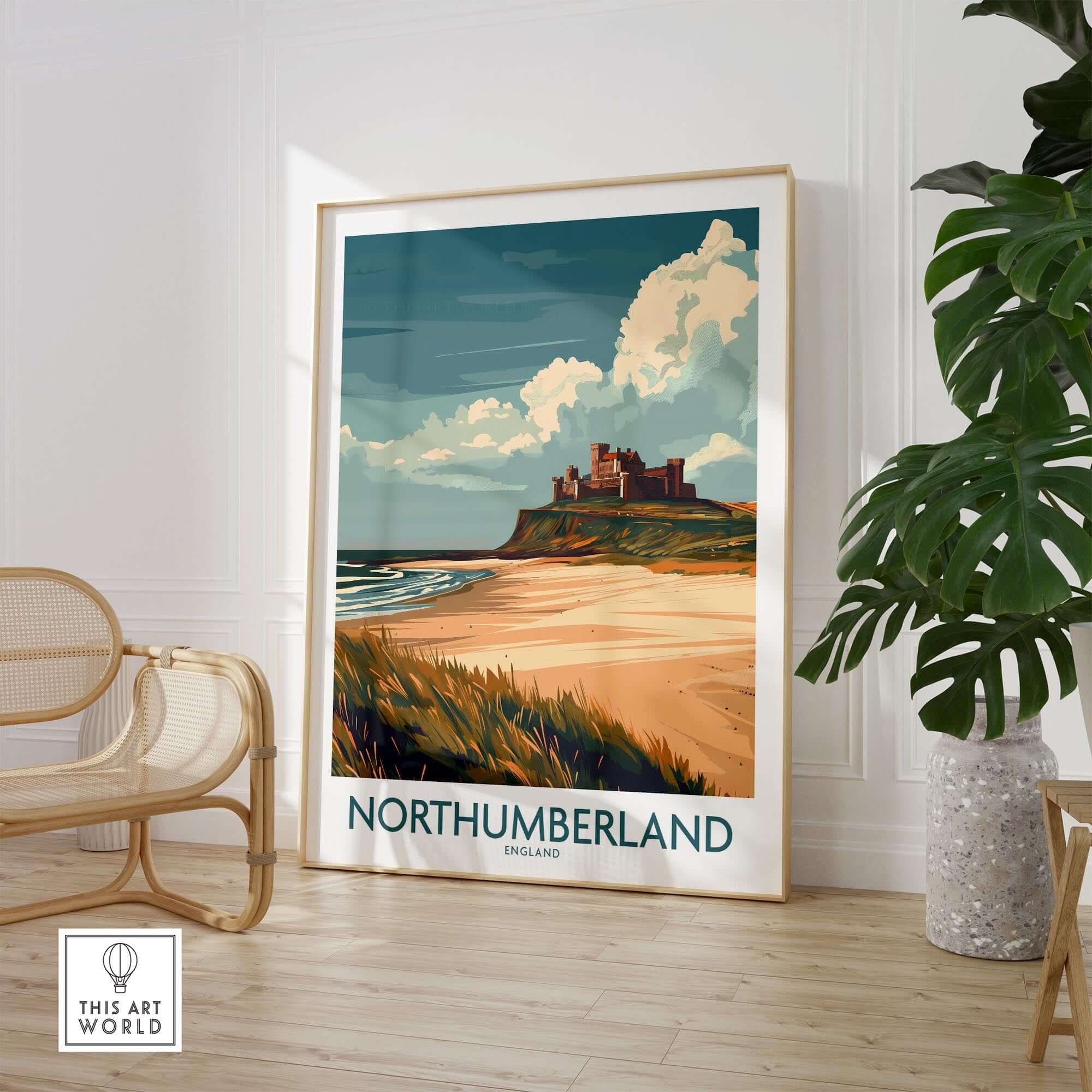 Northumberland Wall Art Poster -  Bamburgh Castle displayed in a stylish room with natural decor.