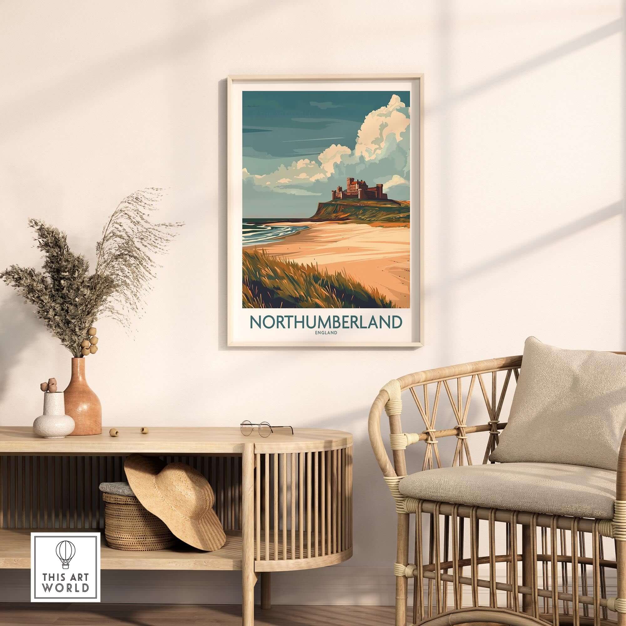 Northumberland Wall Art Poster -  Bamburgh Castle displayed in a modern home setting with coastal scenery.