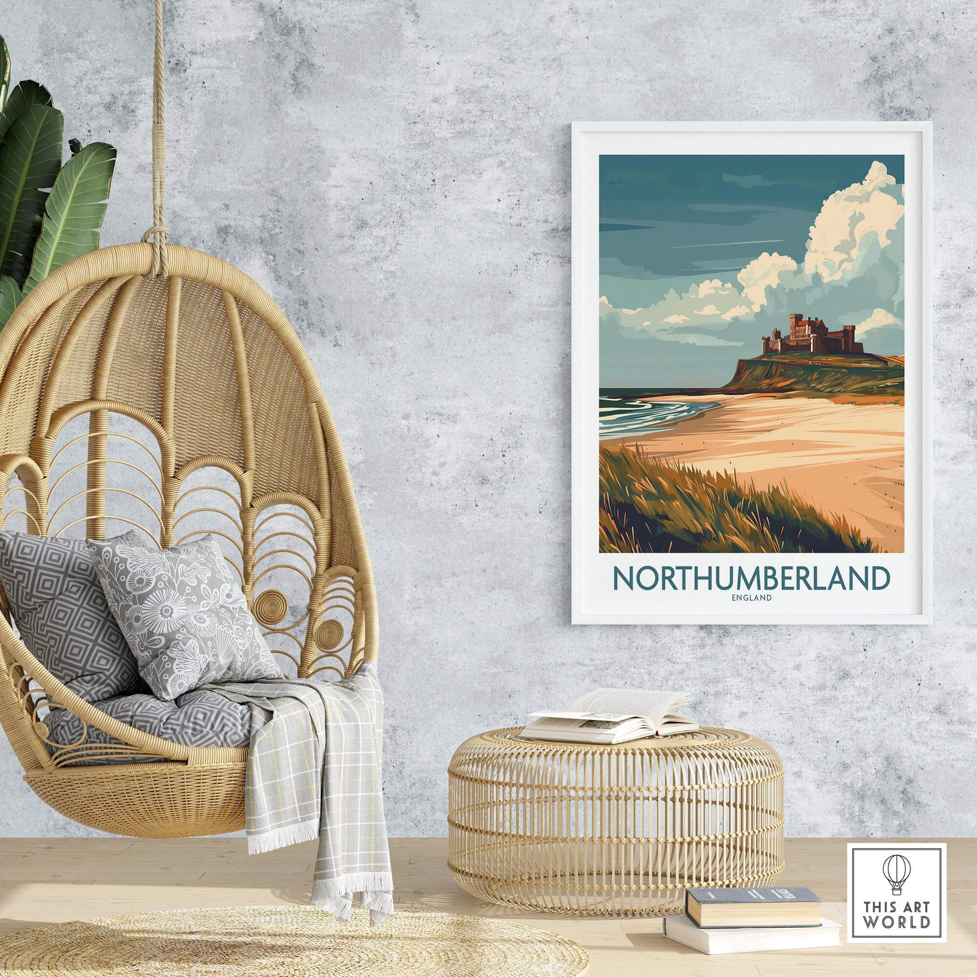Northumberland Wall Art Poster -  Bamburgh Castle displayed in a cozy home setting with a hanging chair.