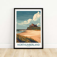 Northumberland Wall Art Poster -  Bamburgh Castle featuring a scenic view of Bamburgh Castle and its coastline.
