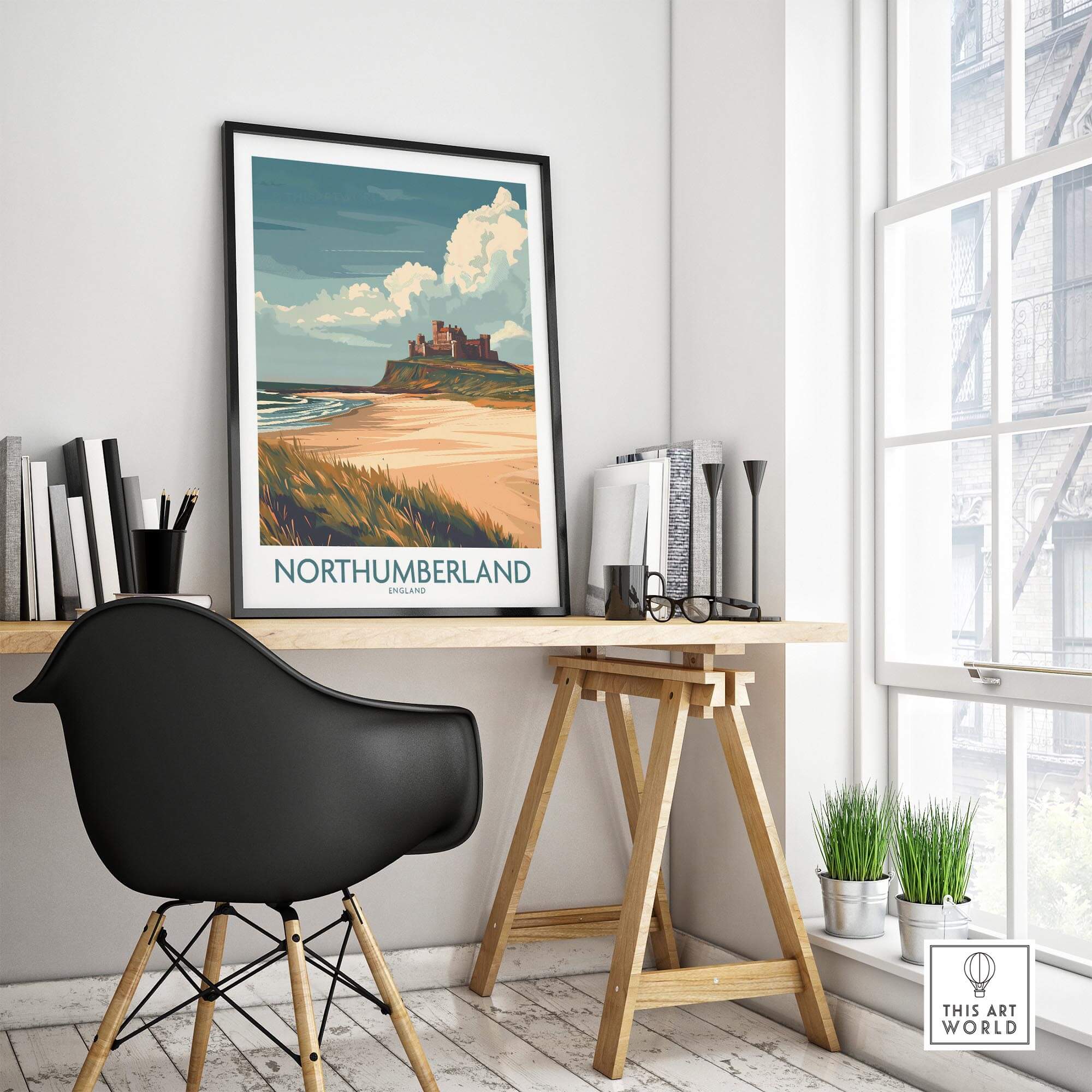 Northumberland Wall Art Poster -  Bamburgh Castle displayed in a modern home office setting.