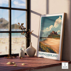 Northumberland Wall Art Poster -  Bamburgh Castle displayed in a home setting with a beach view.