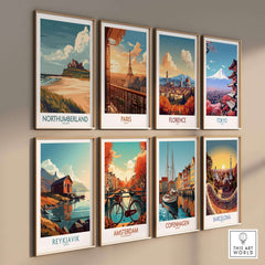 Northumberland Wall Art Poster -  Bamburgh Castle and other city art prints displayed on a stylish wall.