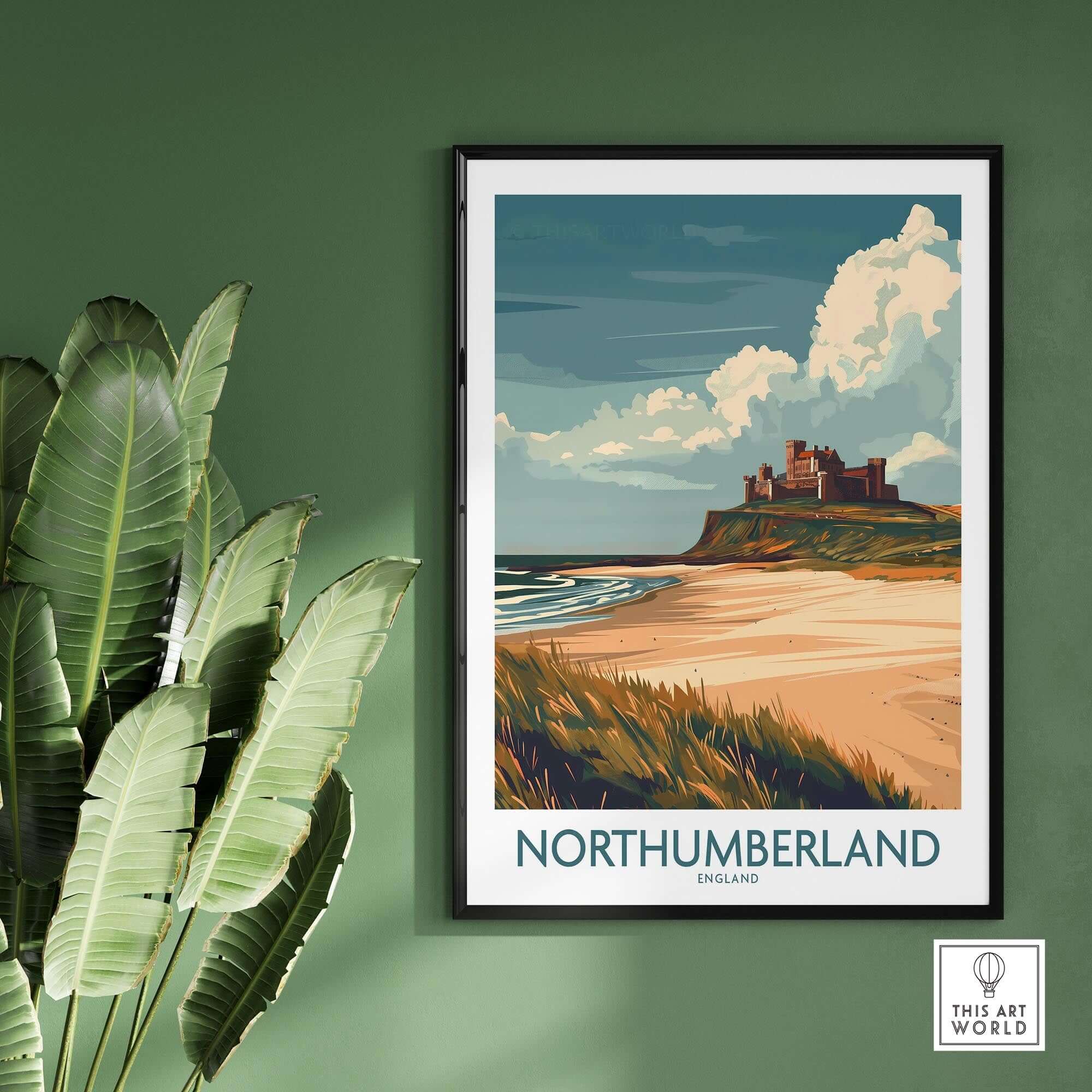 Northumberland Wall Art Poster -  Bamburgh Castle on display with vibrant beach and castle scenery.